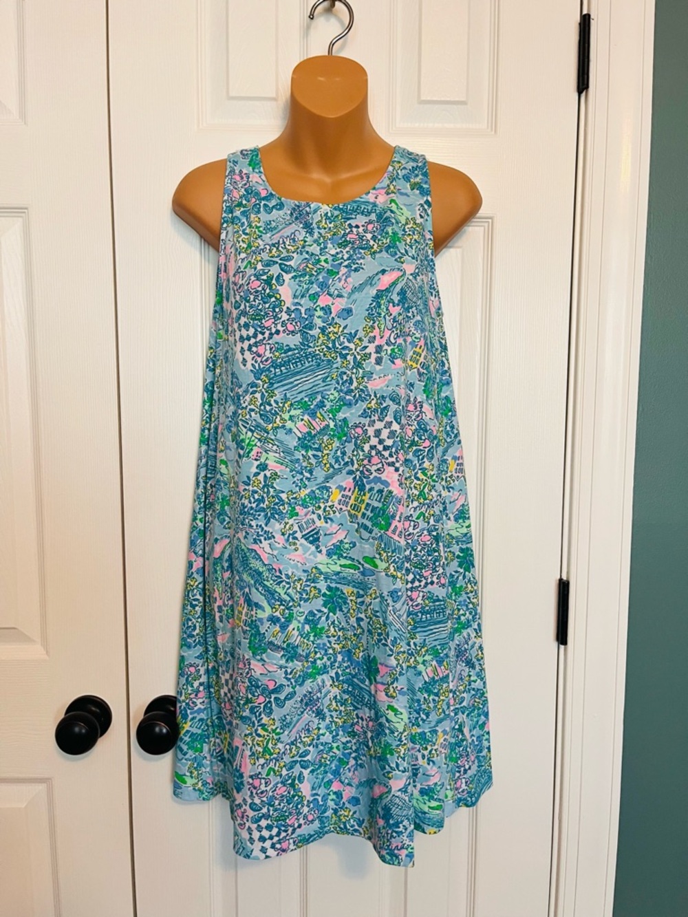 Lilly Pulitzer Aqua Floral Midi Swing Dress with Pink and Green Accents